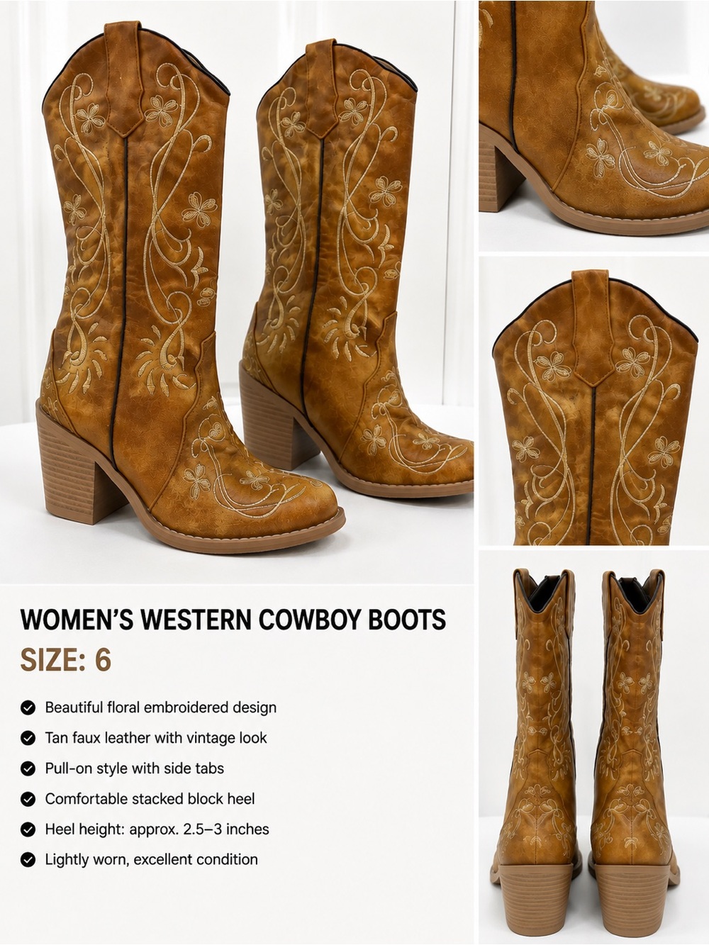 Women's Tan Embroidered Western Heeled Boots